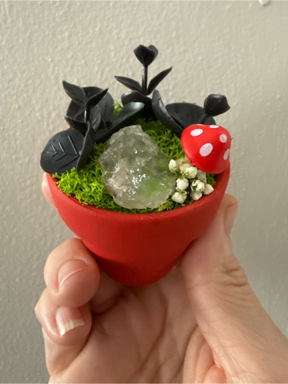 Handmade Red Mini Decorative Planter with Black Leaf Accents and Clear Crystal